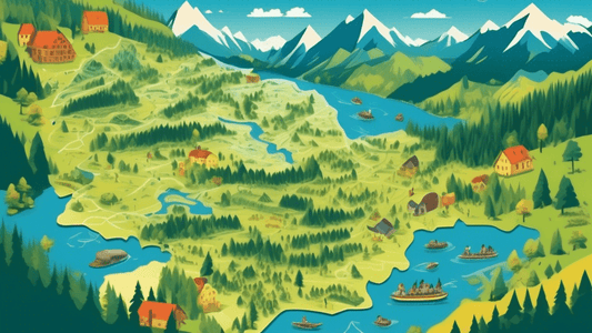 An illustrated map of Germany highlighting various scenic hiking trails, each marked by tiny hikers, surrounded by lush forests, mountain peaks, and rivers, under a clear blue sky.