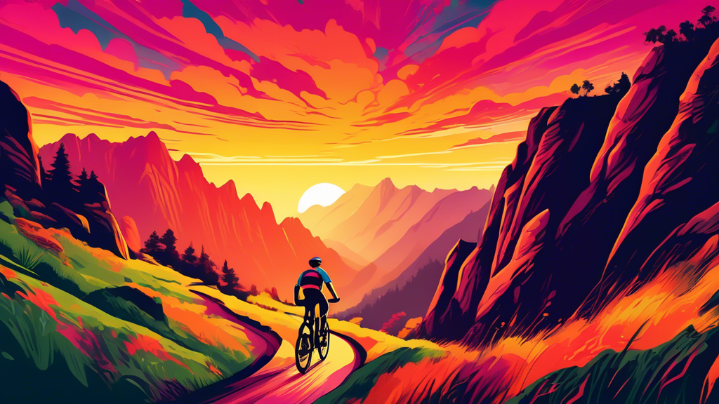 An adventurous cyclist riding on a breathtaking mountain biking trail weaving through picturesque mountains, lush greenery and dramatic cliffs under a vibrant sunset sky.