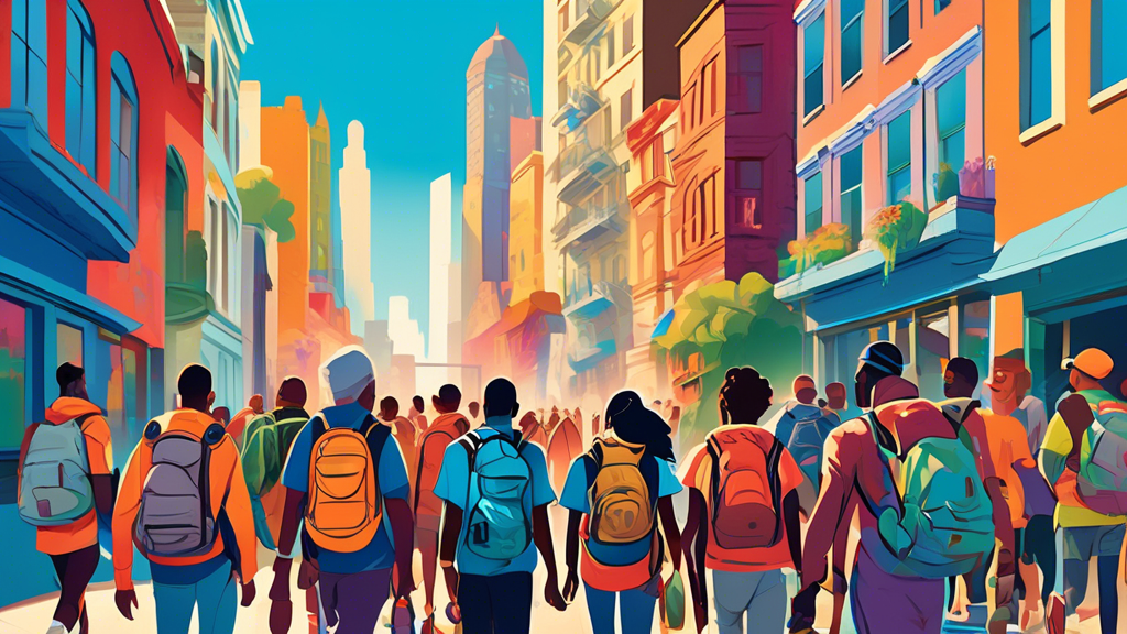 A vibrant digital art piece depicting a diverse group of people of various ages and ethnic backgrounds engaged in urban hiking. They are walking through a bustling cityscape, equipped with backpacks a