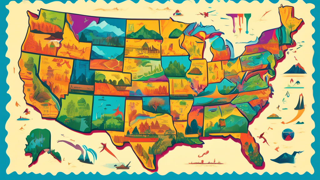 An illustrated map of the United States showing a variety of scenic trail runs, each trail marked with distinctive landmarks and terrains typical of each state, in a vibrant and colorful art style.
