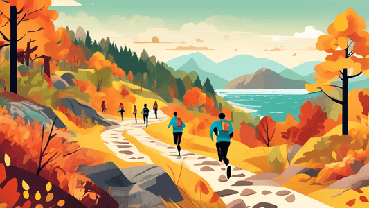 Digital artwork of a panoramic view of diverse hiking and running trails through different seasons including a mountainous trail in the summer, a forest path in autumn, and a coastal trail during spri