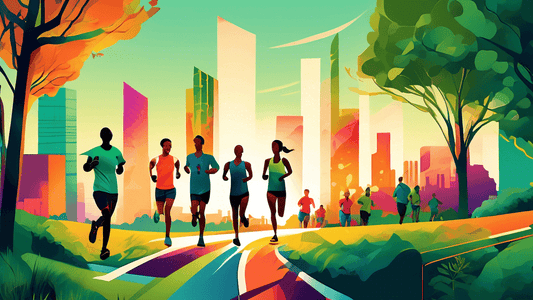 Vibrant digital artwork depicting a diverse group of runners exploring a scenic urban trail that winds through a bustling cityscape dotted with green spaces and modern architecture, reflecting a seaml