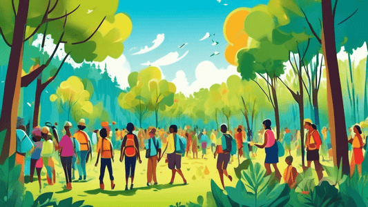 Vibrant celebration in a lush green forest with people of diverse backgrounds planting trees, hiking on scenic trails, and setting up educational booths about conservation, under a clear blue sky.