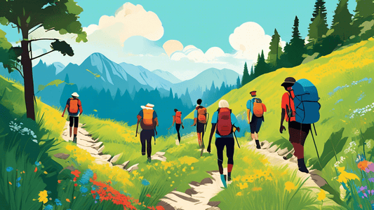 Digital artwork illustrating diverse hikers of various ages and ethnicities politely navigating a narrow mountain trail, with one group stepping aside to let another pass, surrounded by lush green for