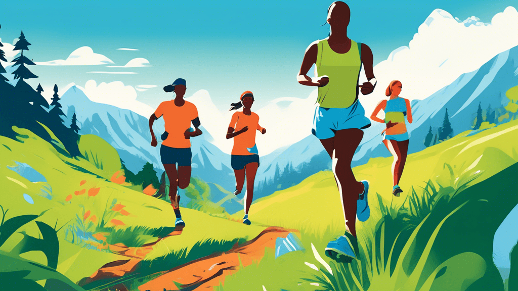 An illustration of a diverse group of trail runners, wearing eco-friendly gear, running through a lush, pristine mountain landscape, with one of them picking up litter along the trail, under a clear b