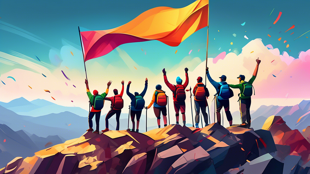 Digital painting of a diverse group of hikers celebrating on a summit, overlooking a panoramic view of a famous trail, with colorful banners waving, capturing the moment of breaking a record.