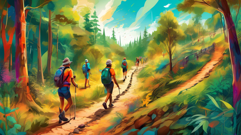 A vibrant digital painting depicting a timeline of trail development through different historical eras, from ancient footpaths in lush forests to modern recreational trails in urban settings, with div