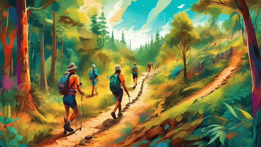 A vibrant digital painting depicting a timeline of trail development through different historical eras, from ancient footpaths in lush forests to modern recreational trails in urban settings, with div