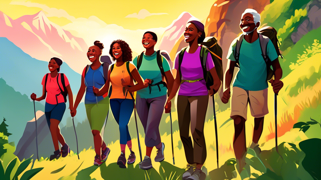 A vibrant digital painting of a diverse group of hikers of different ages and ethnicities, smiling and engaging with each other while hiking on a scenic mountain trail with lush greenery and a sunrise
